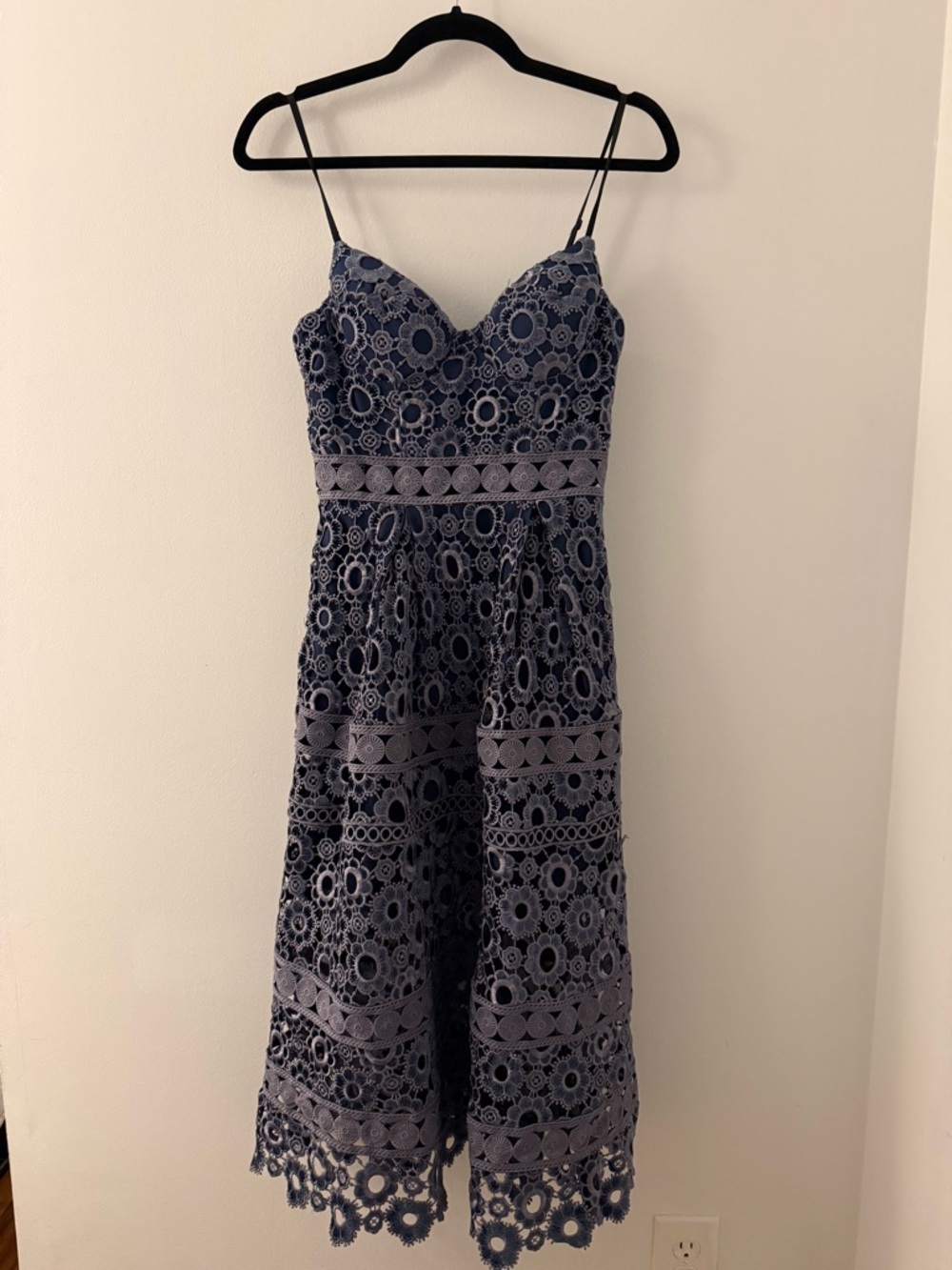 Self-Portrait Navy Lace Midi Dress with Spaghetti Straps